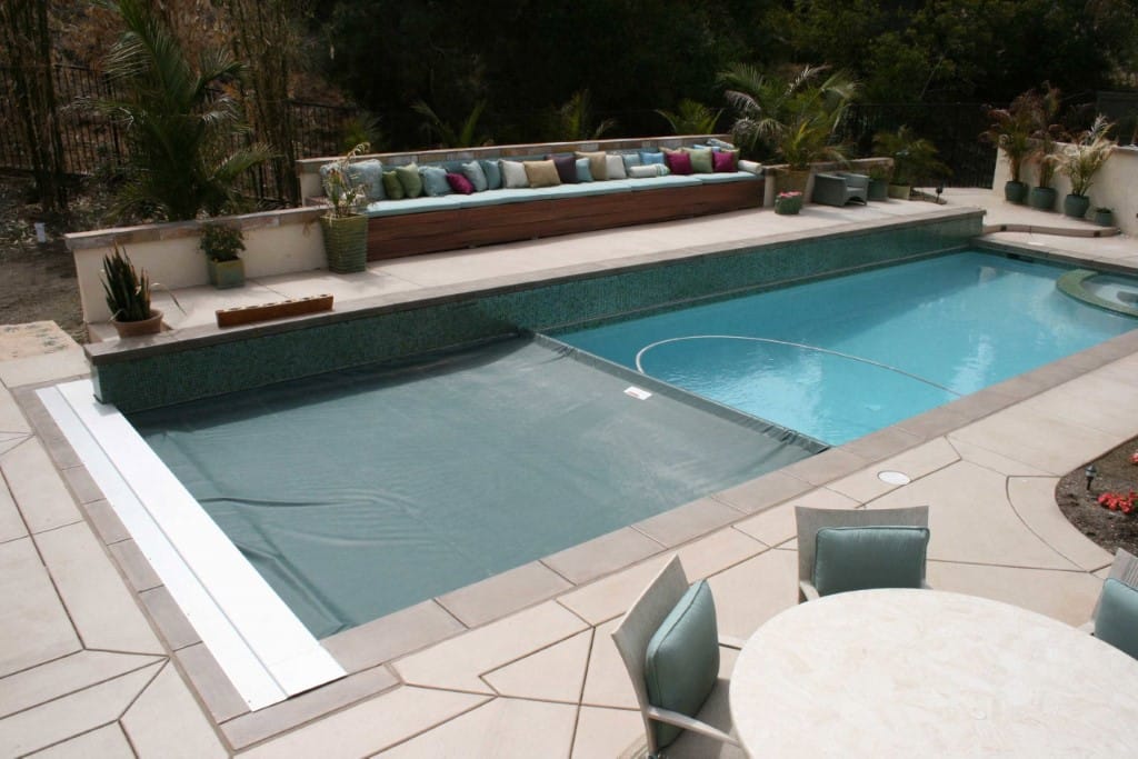 Aerial view of professional pool cover installation